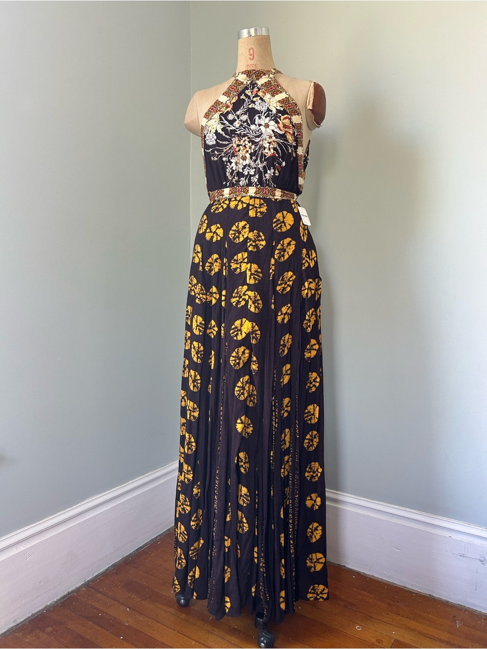Free People Black and Mustard Floral Halter Maxi Jumpsuit